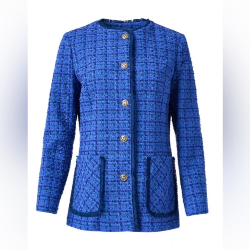 Helene Berman vibrant Blue Blazer with Geometric Pattern pockets and gold button